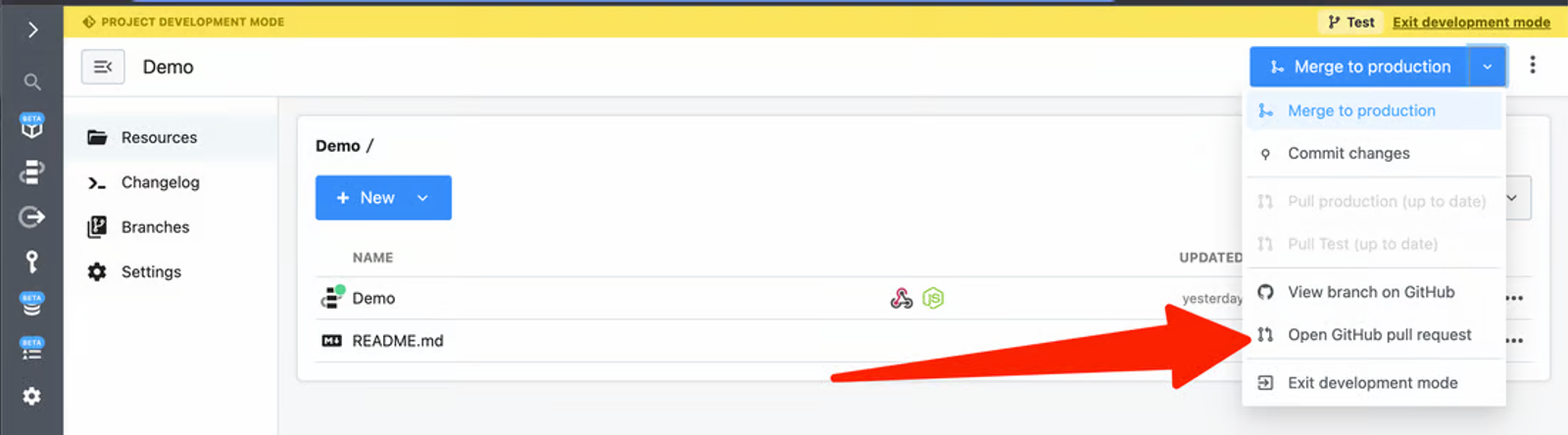 Development environment menu highlighting the option to open GitHub pull requests in Zapier alternatives.