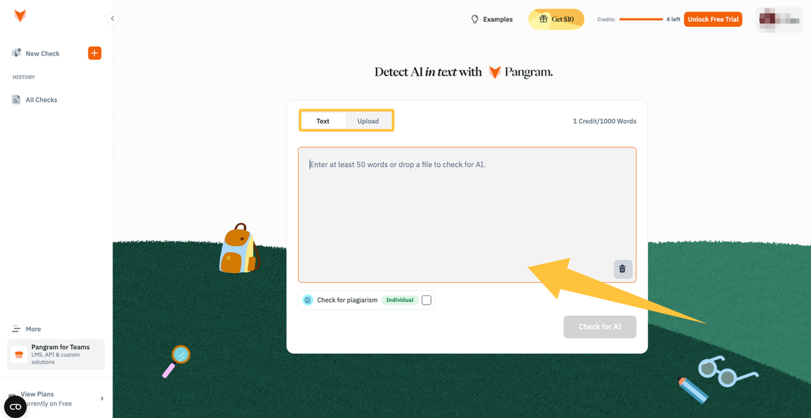 The main text input and file upload interface of the Pangram AI Detector, allowing users to scan documents easily.