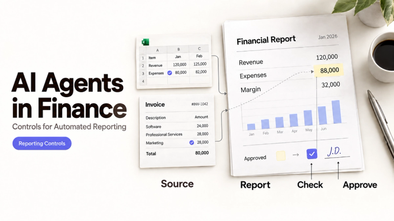 Diagram showing how AI agents in finance automate reporting controls and approvals.