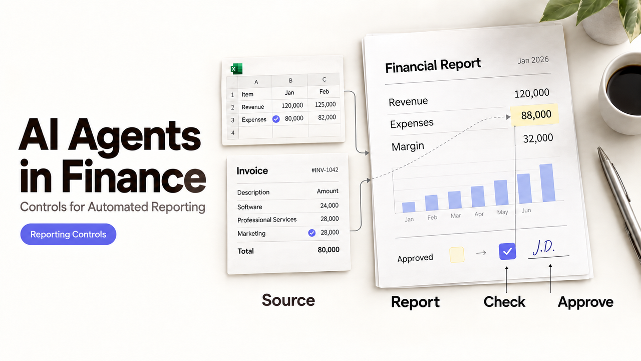 Diagram showing how AI agents in finance automate reporting controls and approvals.