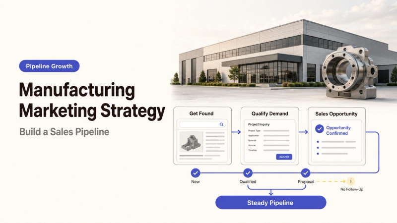 Manufacturing marketing strategy: Modern factory with a metal part and a sales pipeline growth diagram.