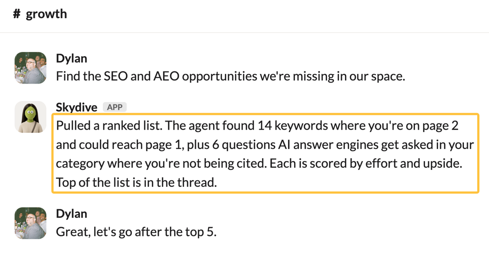 Detailed Skydive AI review highlighting how the AI agent identifies page 1 keyword opportunities in a chat interface.