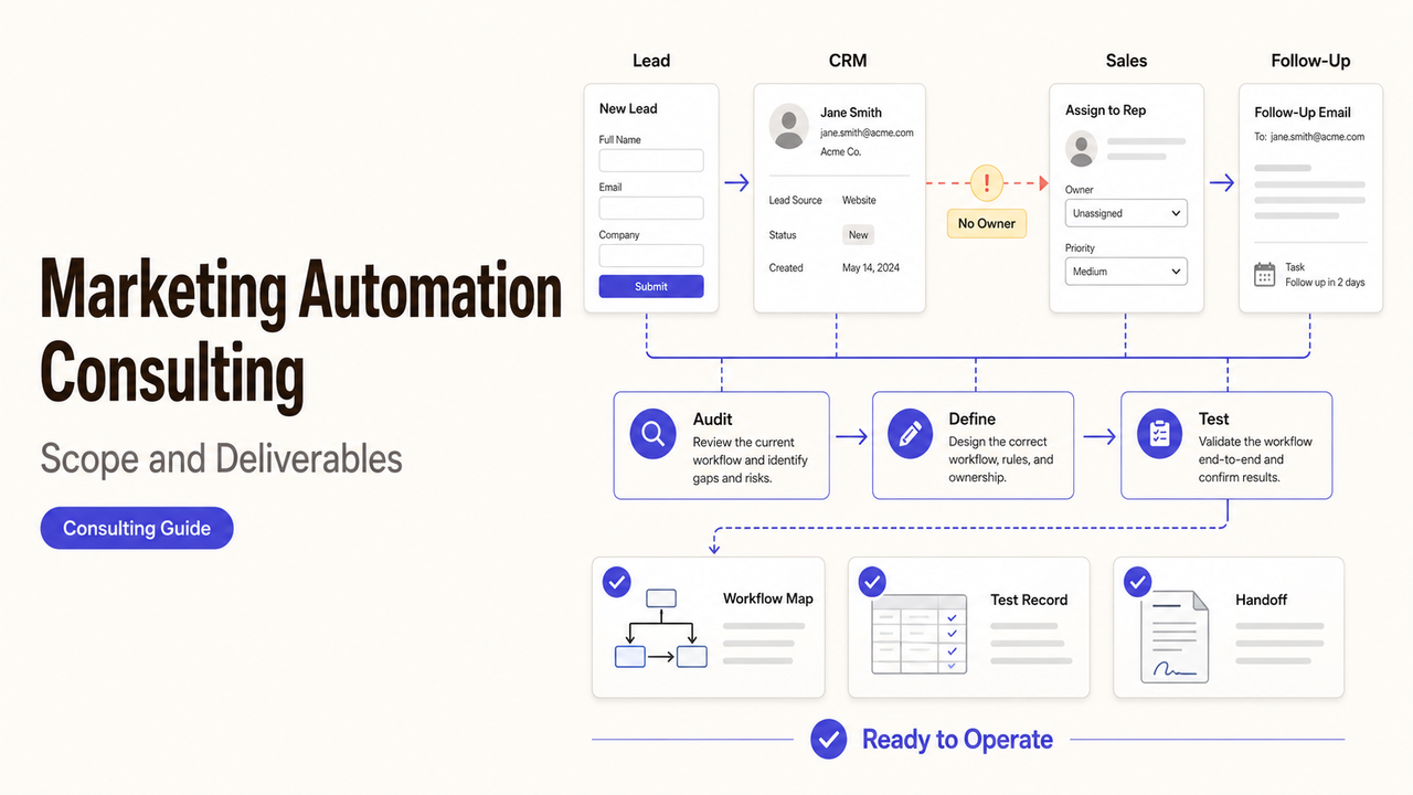 Marketing automation consulting scope showing lead workflows, CRM integration, and audit deliverables for sales success.