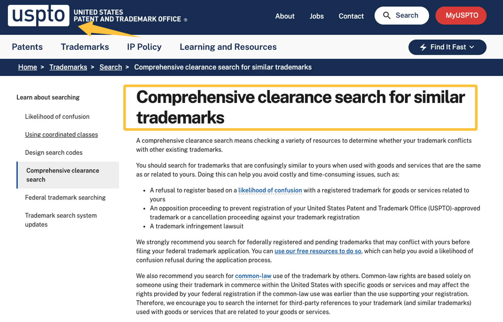 Using the USPTO website for trademark clearance searches as part of comprehensive branding services for small business.