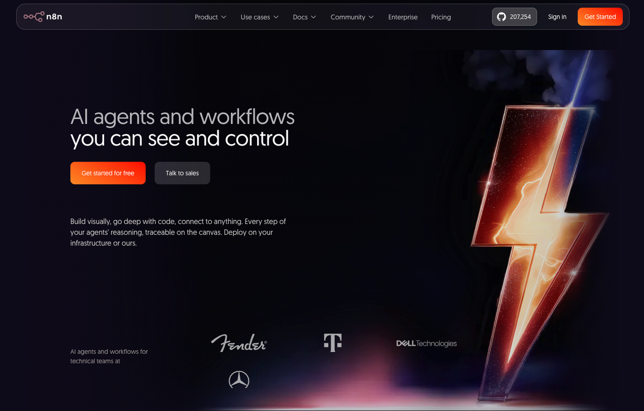 n8n landing page presenting workflow automation features as powerful clay alternatives for technical teams.