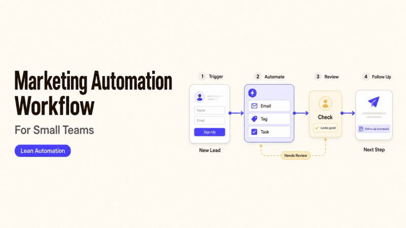 Four-step marketing automation workflow diagram for small teams covering triggers, automation, reviews, and follow-ups.
