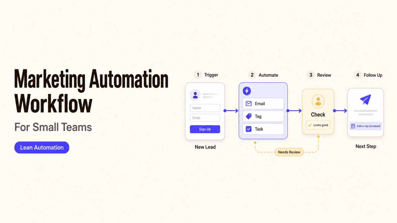 Four-step marketing automation workflow diagram for small teams covering triggers, automation, reviews, and follow-ups.