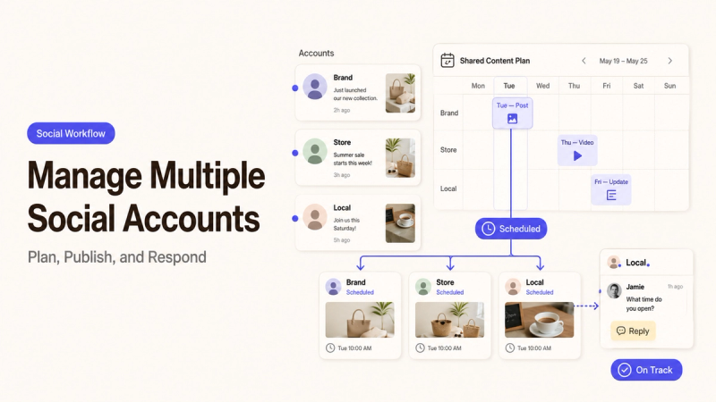 A workflow dashboard illustrating how to manage multiple social media accounts by planning, publishing, and responding.