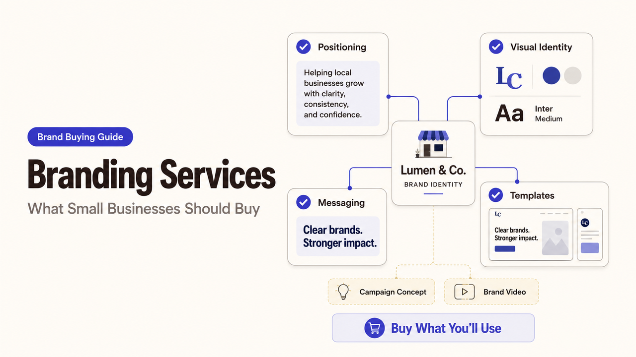 A diagram showing essential branding services for small business, including positioning, visual identity, and messaging.