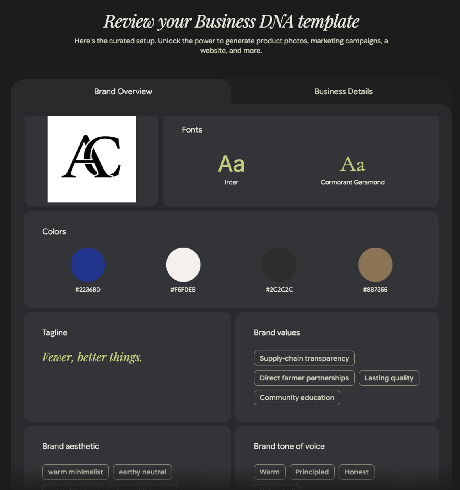 Review your customized business DNA template within Pomelli AI to establish brand fonts and values.