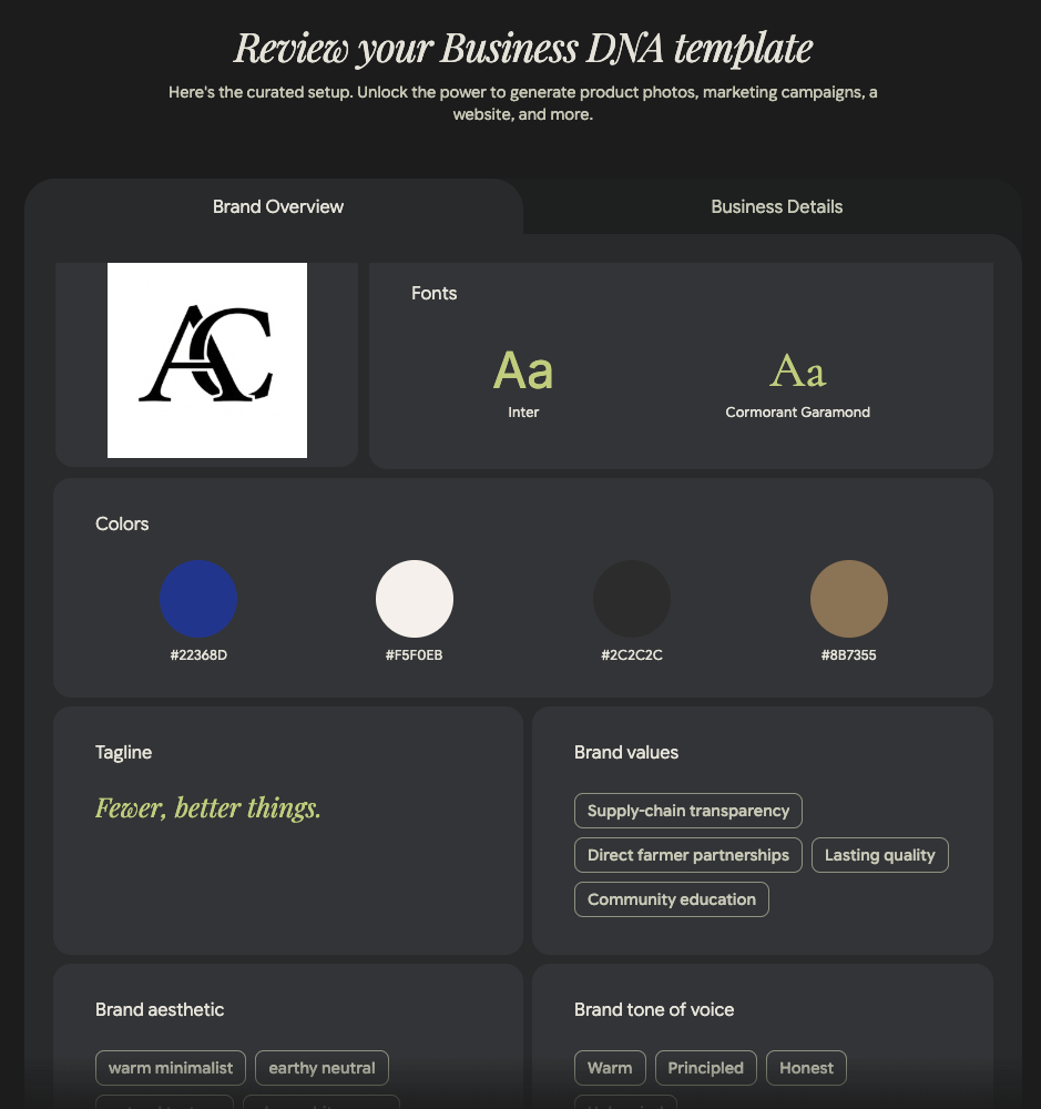 Review your customized business DNA template within Pomelli AI to establish brand fonts and values.