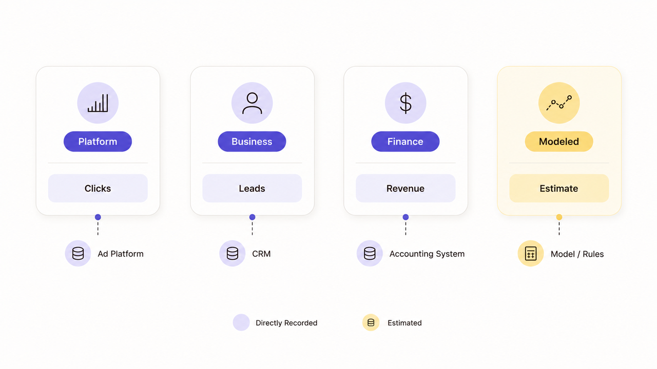 Data source tracking flowchart from platforms to CRM for digital marketing due diligence.