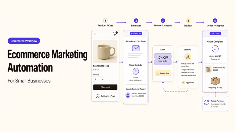 Diagram showing an ecommerce marketing automation workflow from abandoned cart emails to repeat purchases.