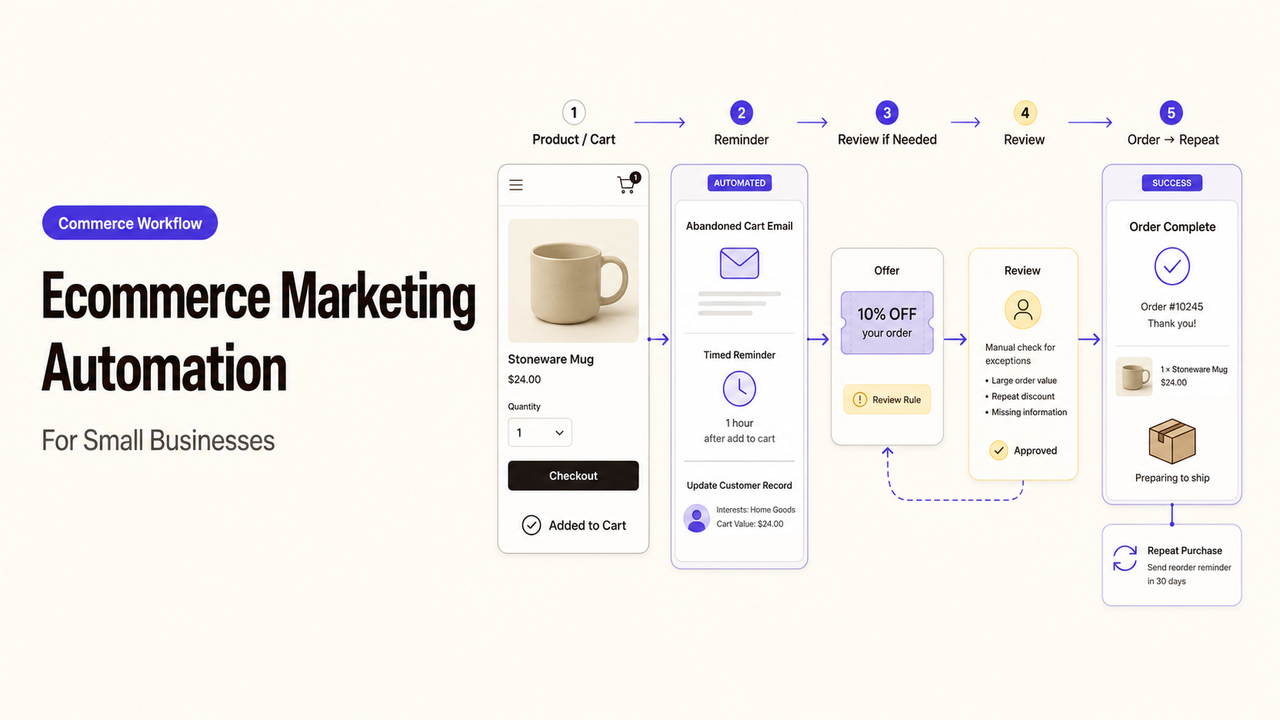 Diagram showing an ecommerce marketing automation workflow from abandoned cart emails to repeat purchases.