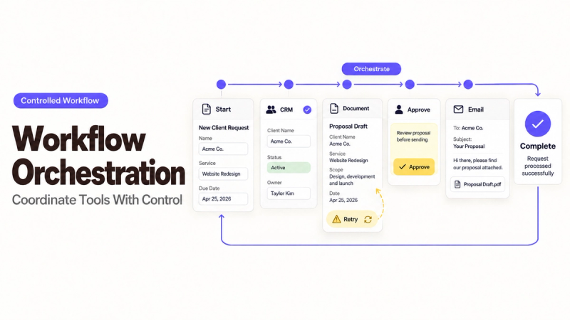 Flowchart illustrating a controlled workflow orchestration system, coordinating tools with retry logic for robustness.
