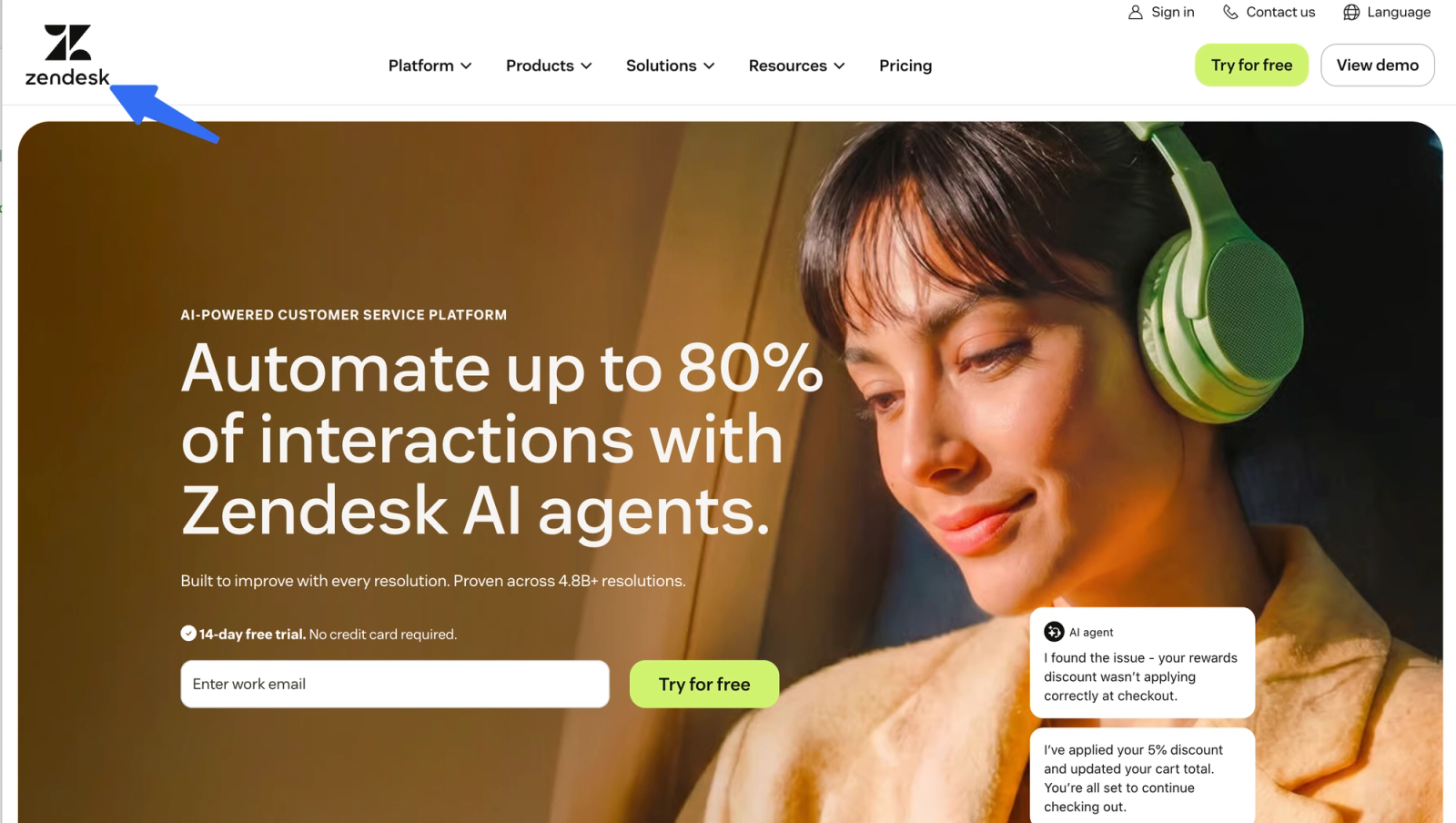 Zendesk homepage showcasing AI features, featured among the best ticket triage tools.