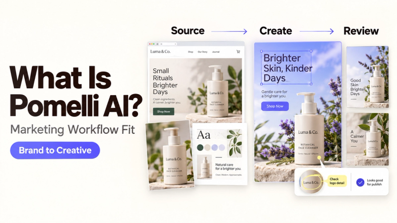 Pomelli AI streamlines the marketing workflow from source to create and review for brand creatives.