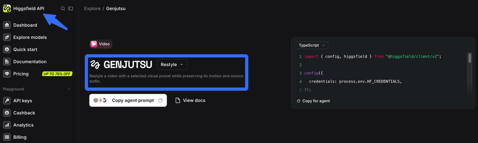 Higgsfield dashboard showing genjutsu api marketing tools for video restyling and TypeScript code integration.