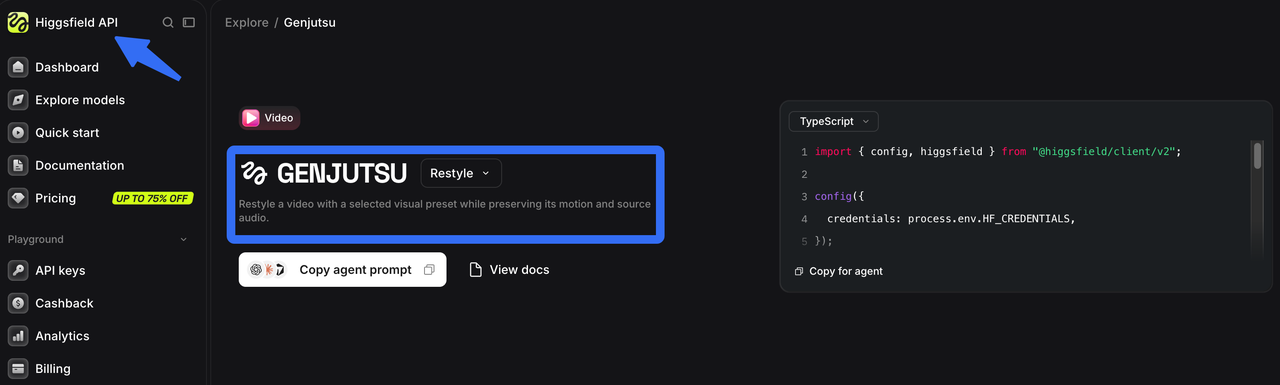 Higgsfield dashboard showing genjutsu api marketing tools for video restyling and TypeScript code integration.