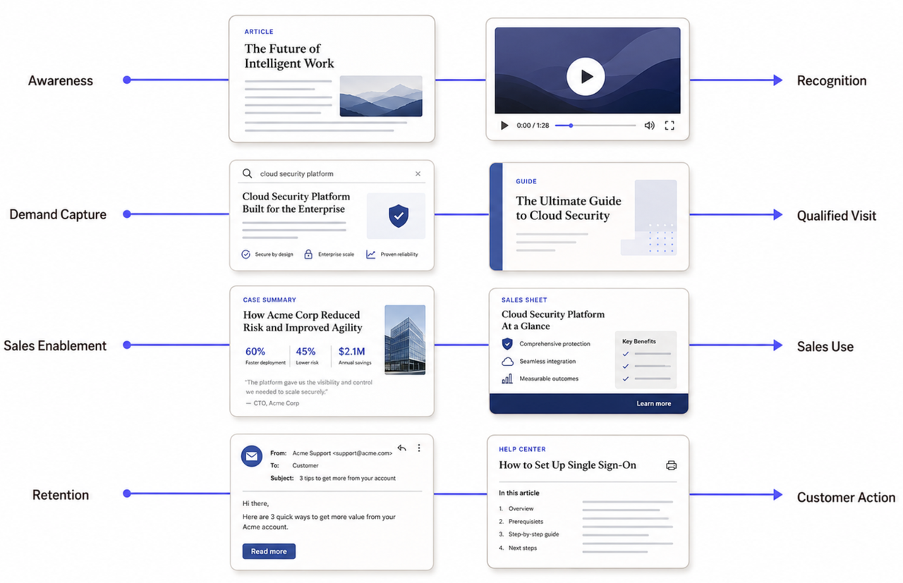 Visual map of strategic content creation services aligned with awareness, sales enablement, and customer retention.