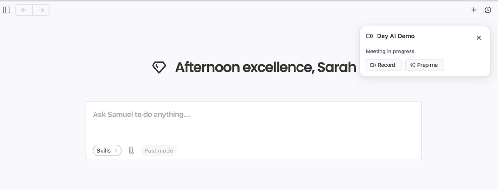 Day AI demo screenshot: 'Afternoon excellence, Sarah', AI chat input ('Ask Samuel...'), and a 'Day AI Demo' popup for a current meeting. 