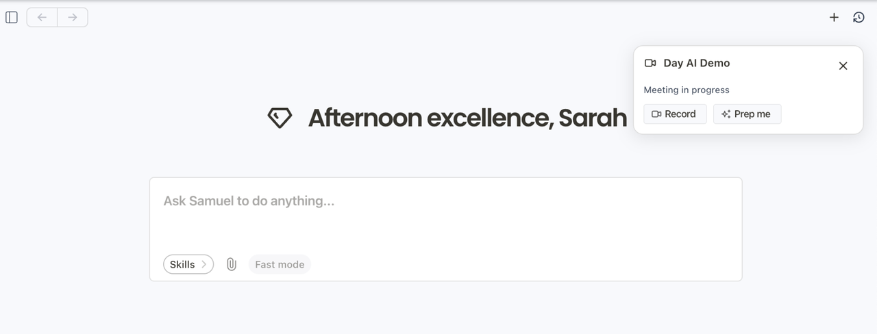 Day AI demo screenshot: 'Afternoon excellence, Sarah', AI chat input ('Ask Samuel...'), and a 'Day AI Demo' popup for a current meeting.