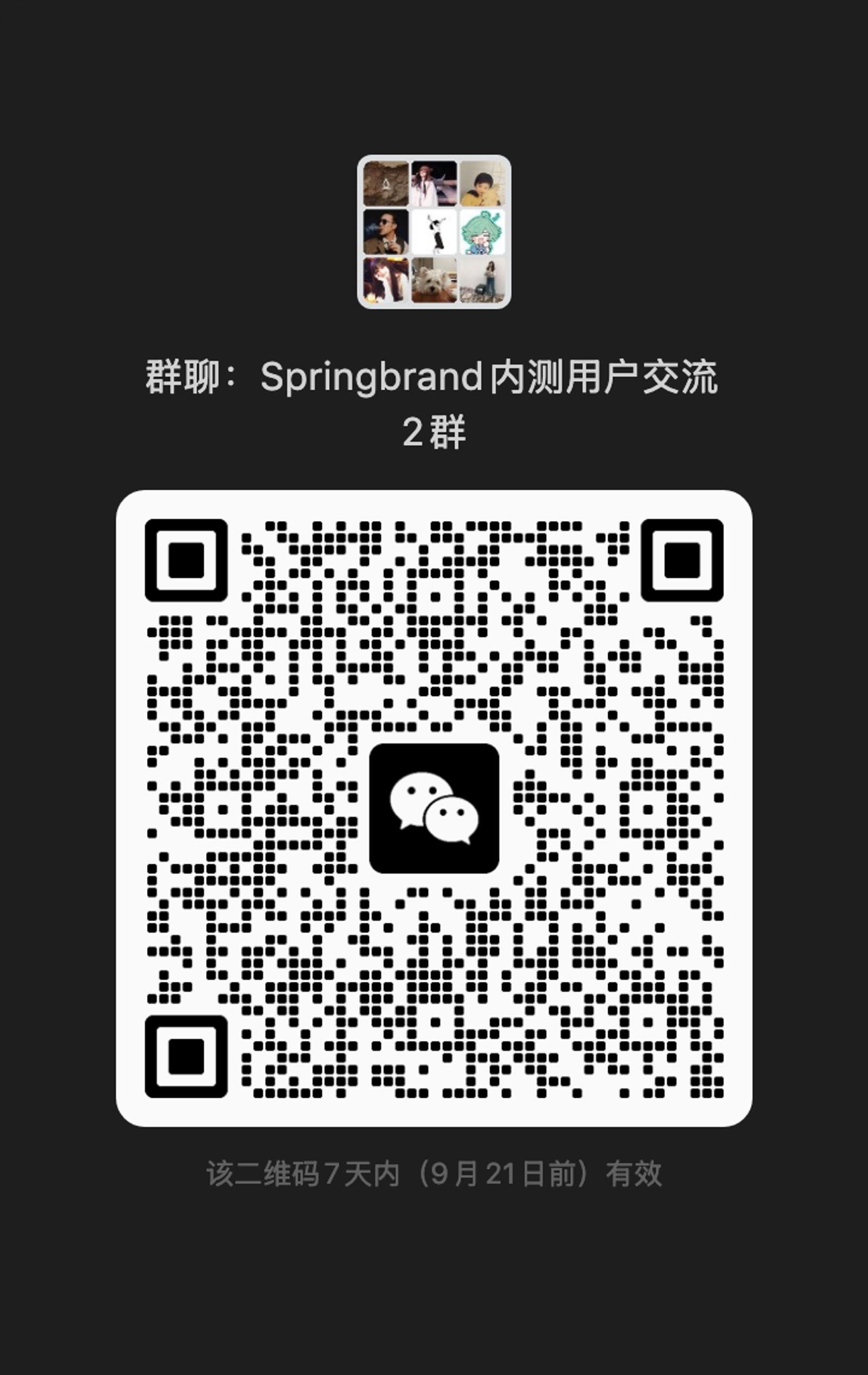 SpringBrand 内测用户交流群的微信二维码。