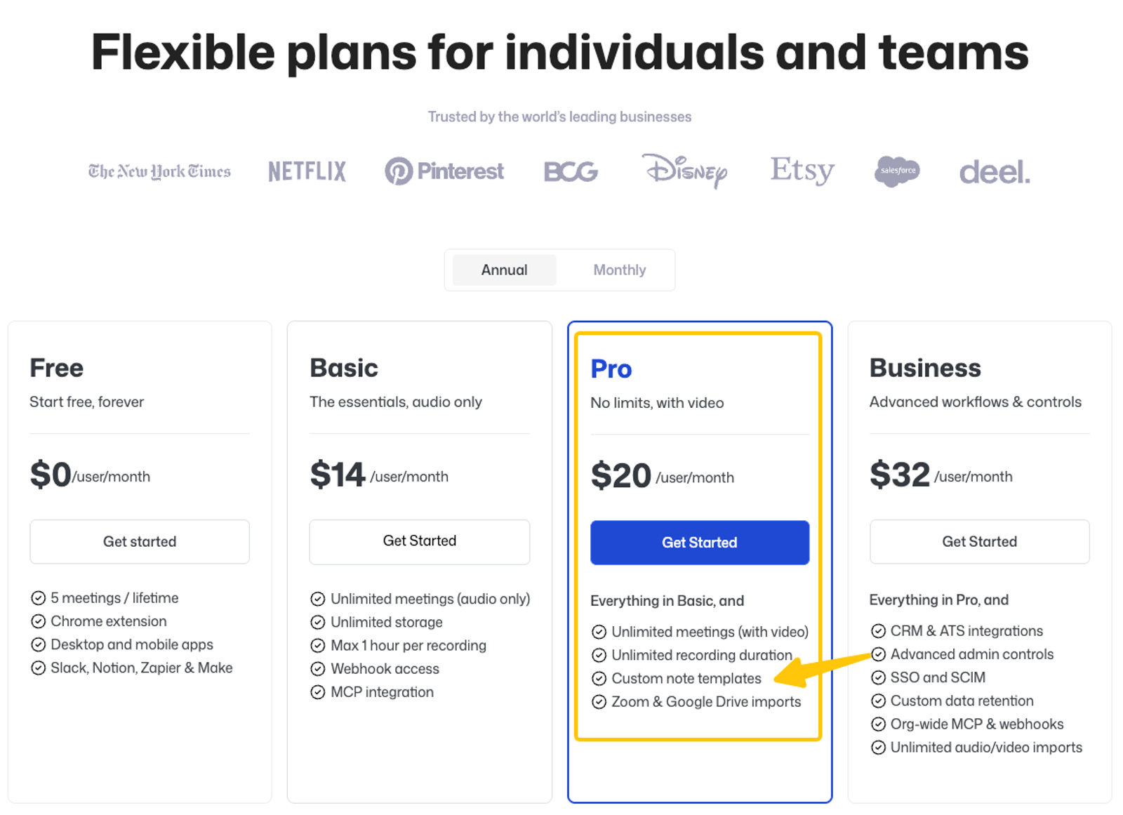 Bluedot AI pricing page showing Free, Basic, Pro, and Business plans with feature comparisons.