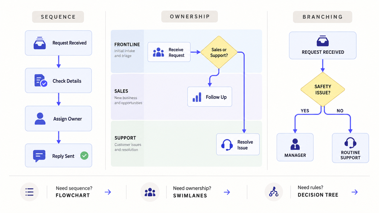 Discover common workflow diagram structures including sequence flowcharts, ownership swimlanes, and branching decision trees.