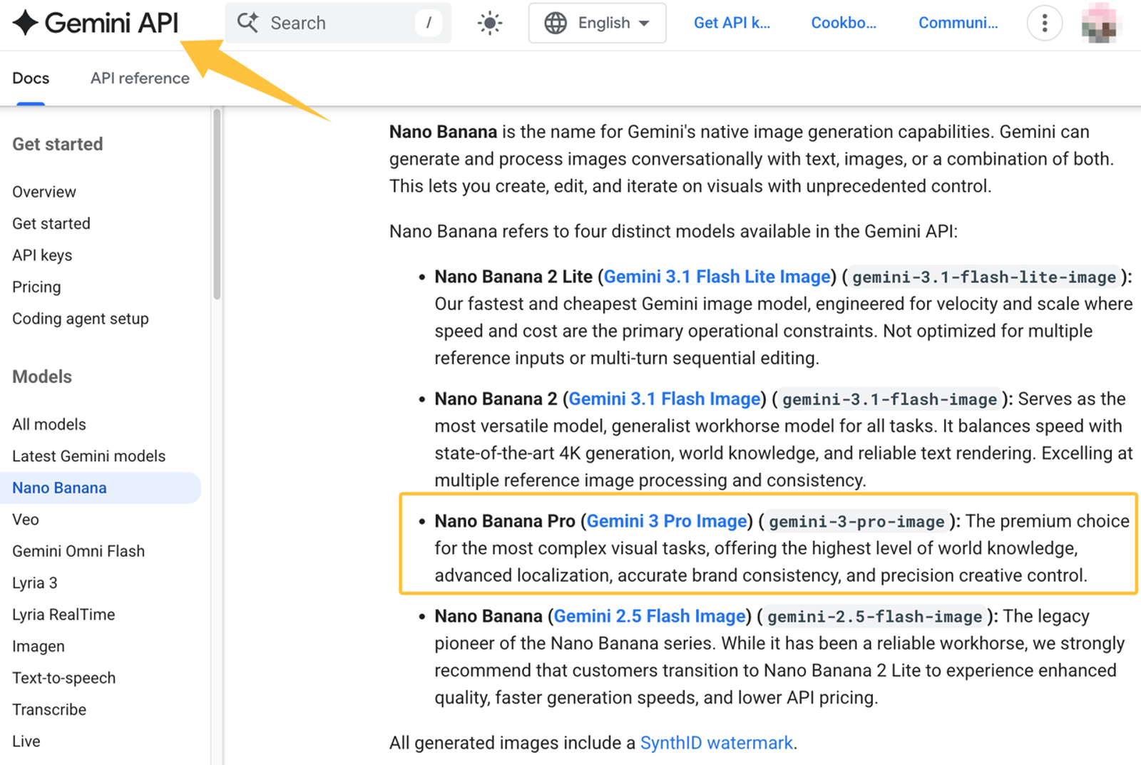 Gemini API documentation highlighting the premium capabilities necessary for advanced Nano Banana Pro marketing tasks.