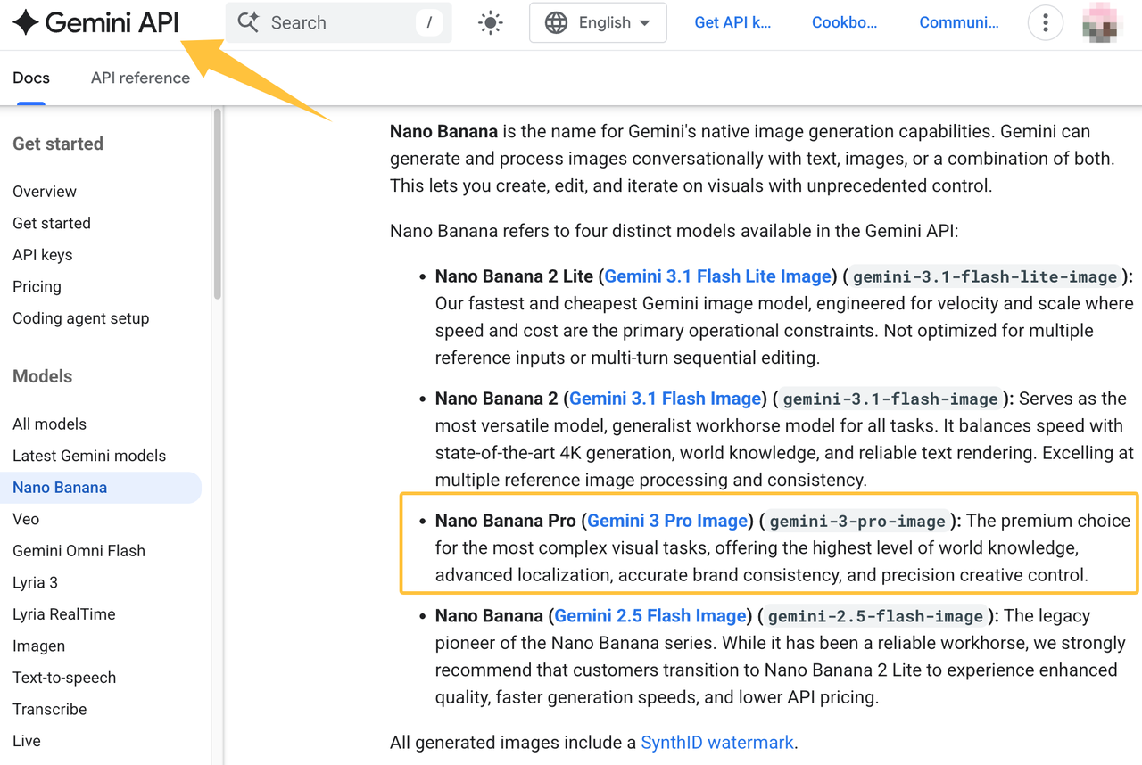 Gemini API documentation highlighting the premium capabilities necessary for advanced Nano Banana Pro marketing tasks.