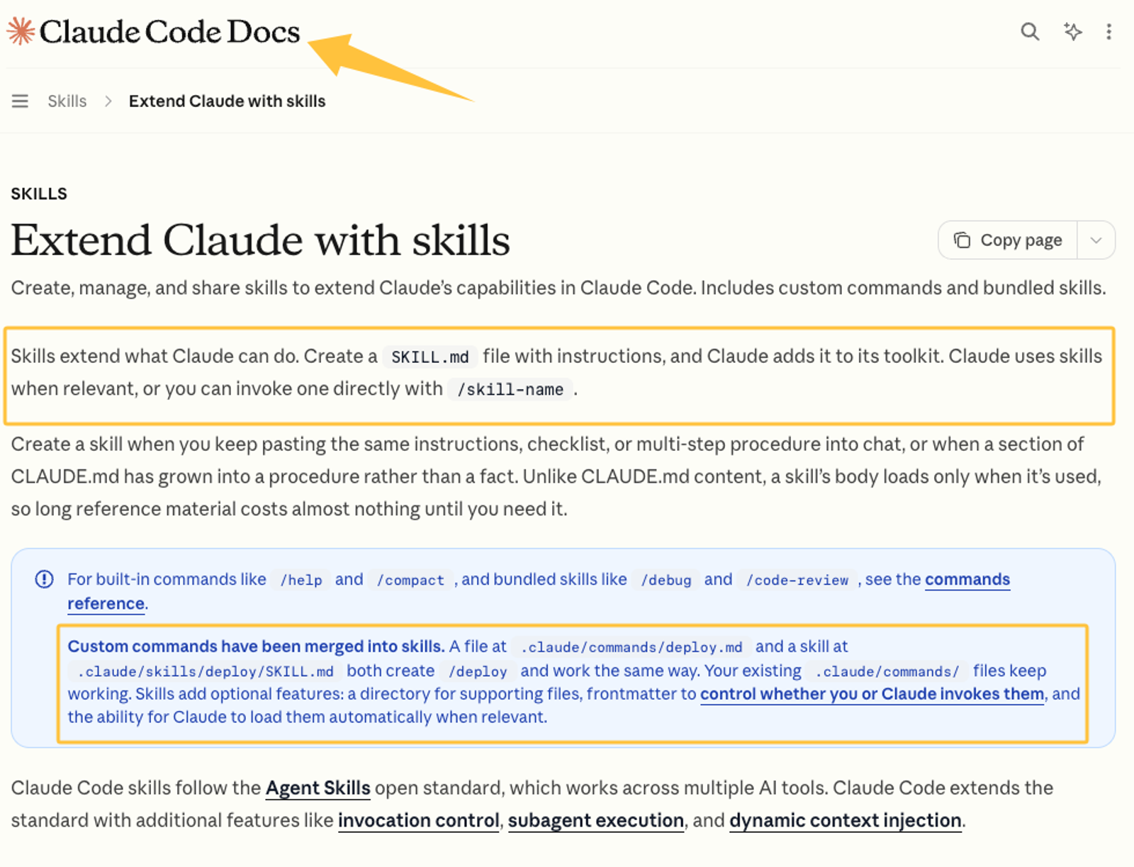 Claude Code documentation page showing how small businesses can create skills to extend Claude's capabilities.
