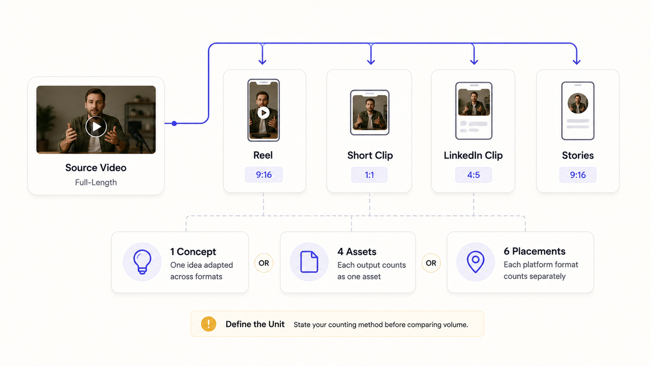 A diagram of video repurposing into Reel, Story, and other formats to explain defining deliverables for comprehensive social media management packages.