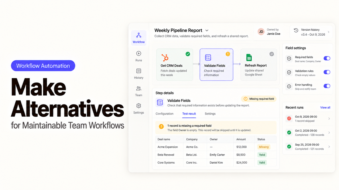 Explore make alternatives for maintainable team workflows with validation rules and error handling.