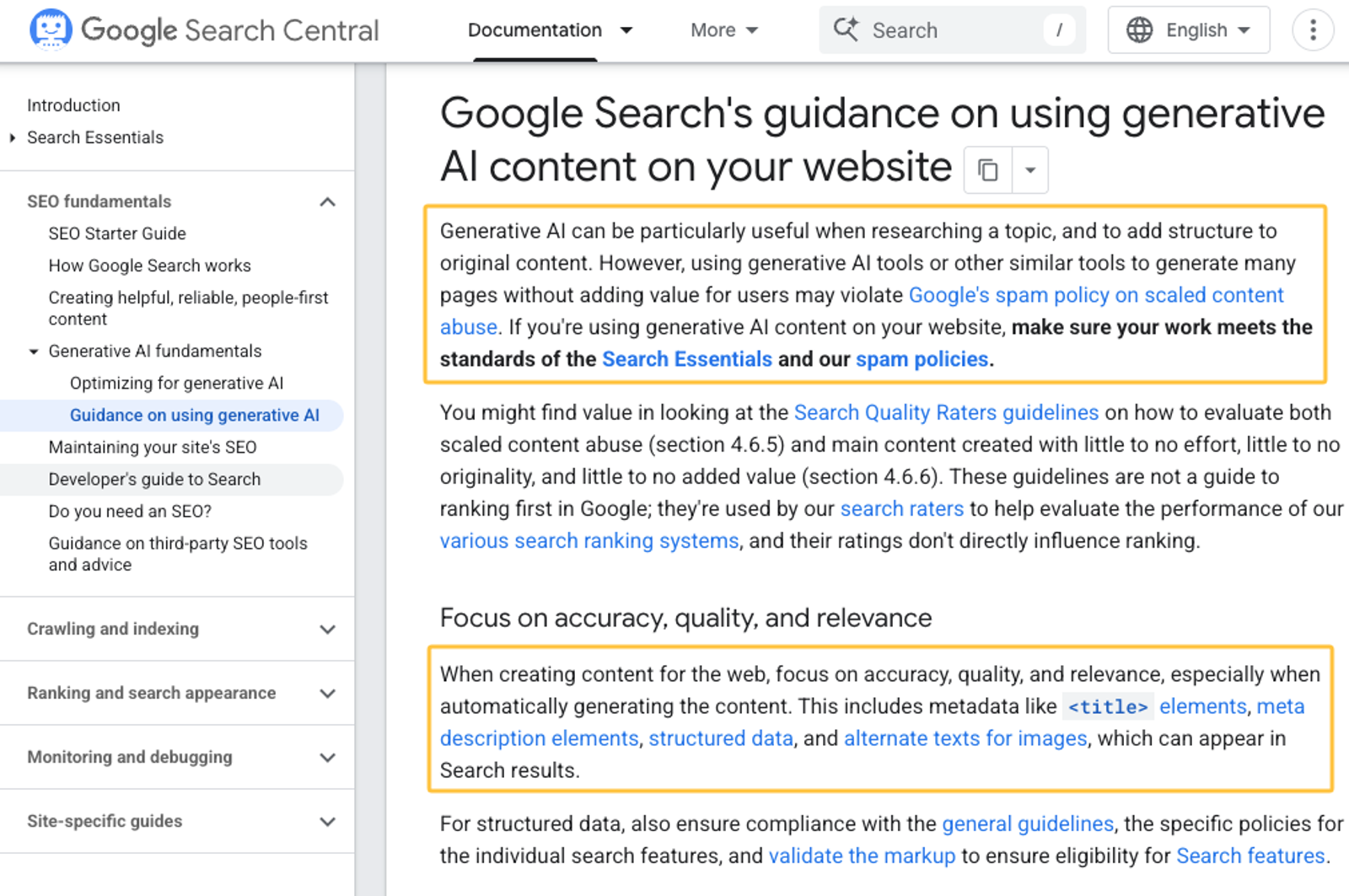 Google Search guidelines emphasizing quality, accuracy, and relevance to maintain AI content trust and ranking.