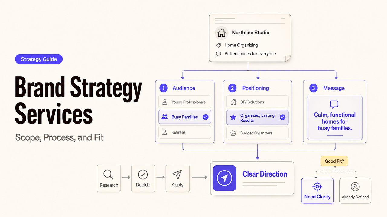 Detailed flowchart illustrating brand strategy services covering audience, positioning, messaging, and process.