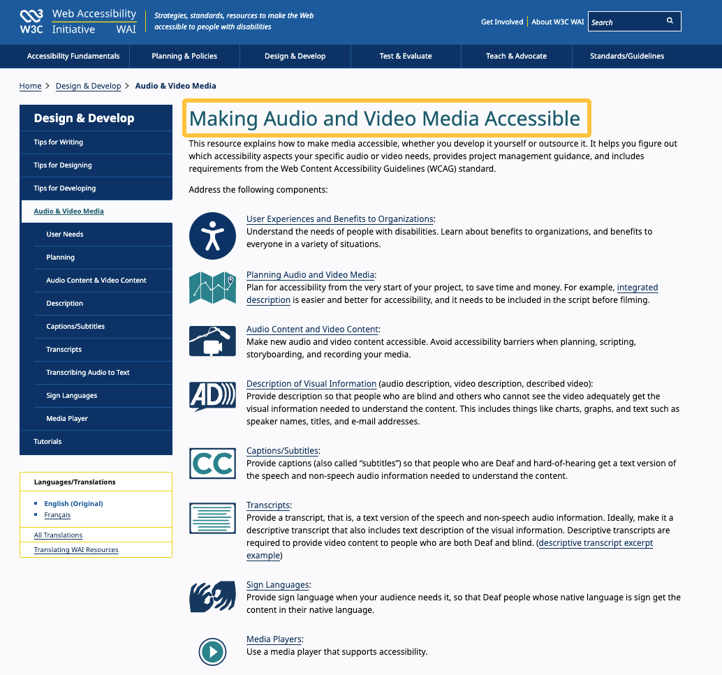 W3C webpage detailing web accessibility guidelines, crucial for an inclusive Instagram Reel to blog post.