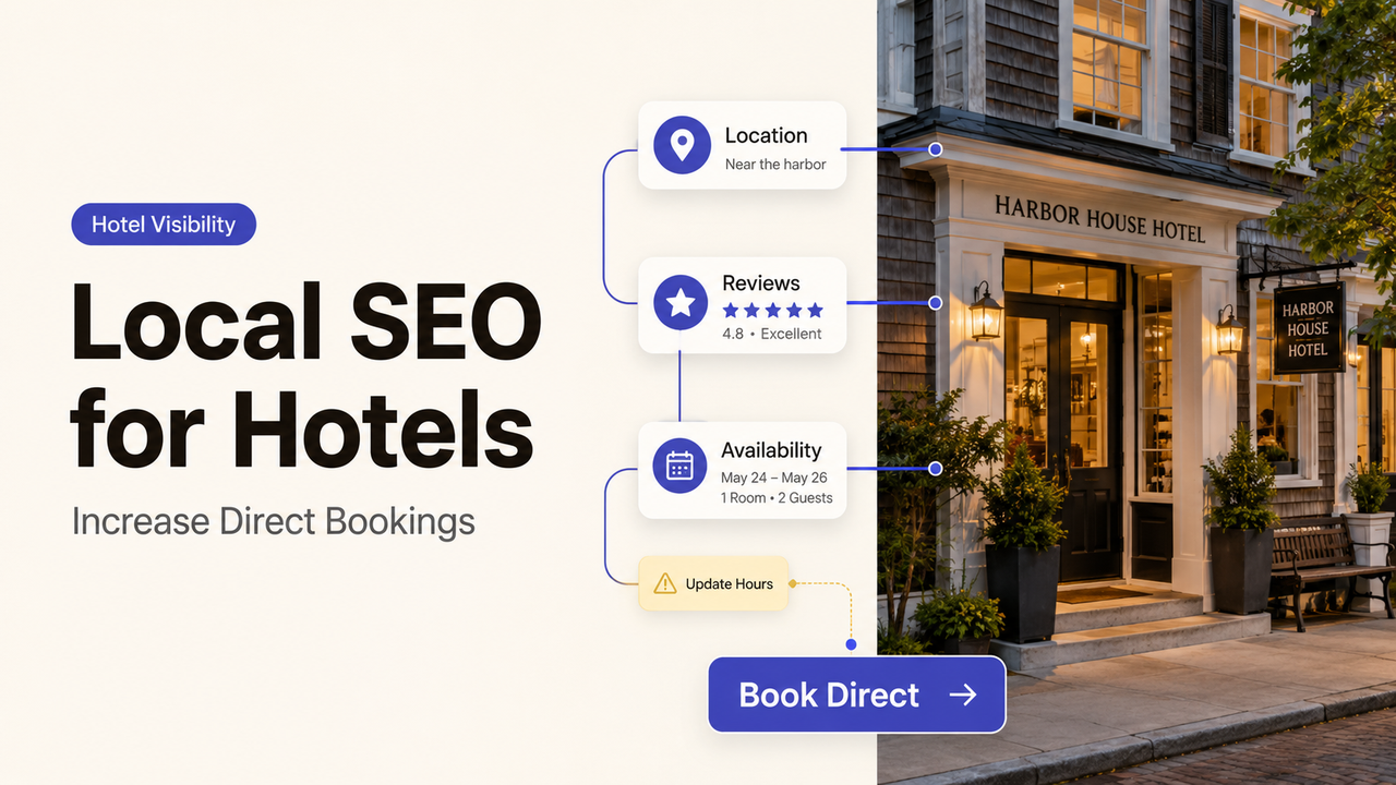 Graphic showing how local SEO for hotels boosts direct bookings via location, reviews, and availability updates.