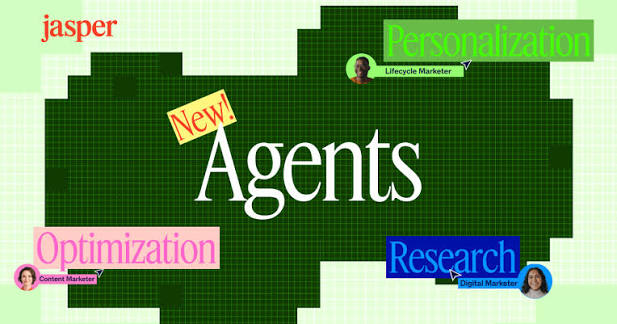 Promotional graphic presenting new Jasper features designed to build the best ai agents for marketing.