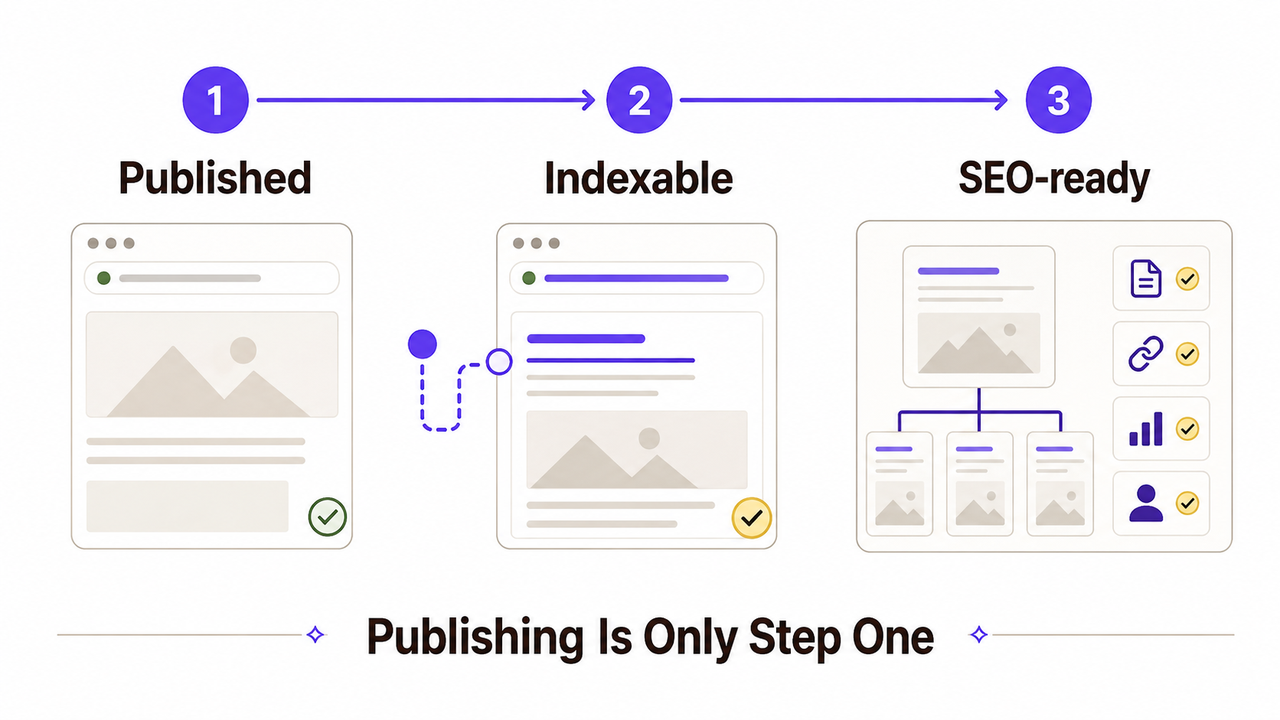 The three steps of publishing, indexability, and SEO readiness in the ChatGPT Sites vs web designer debate.