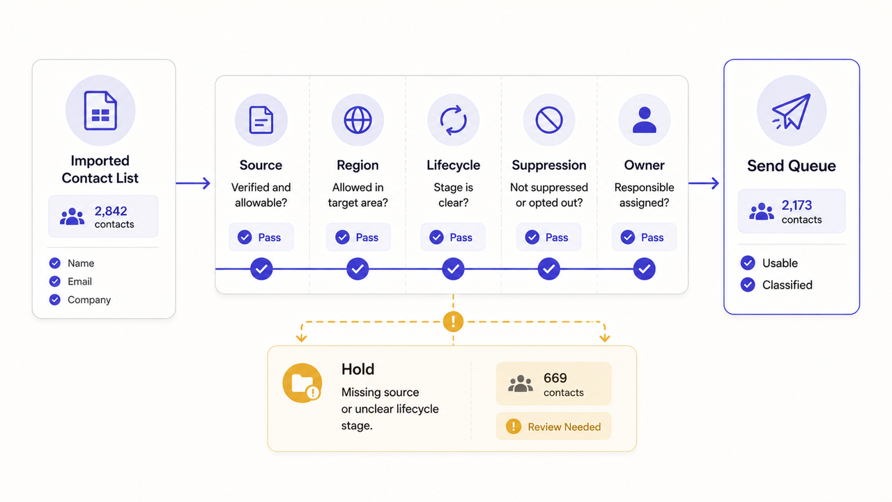 Diagram showing data verification stages from imported contact lists to a B2B email marketing agency send queue.
