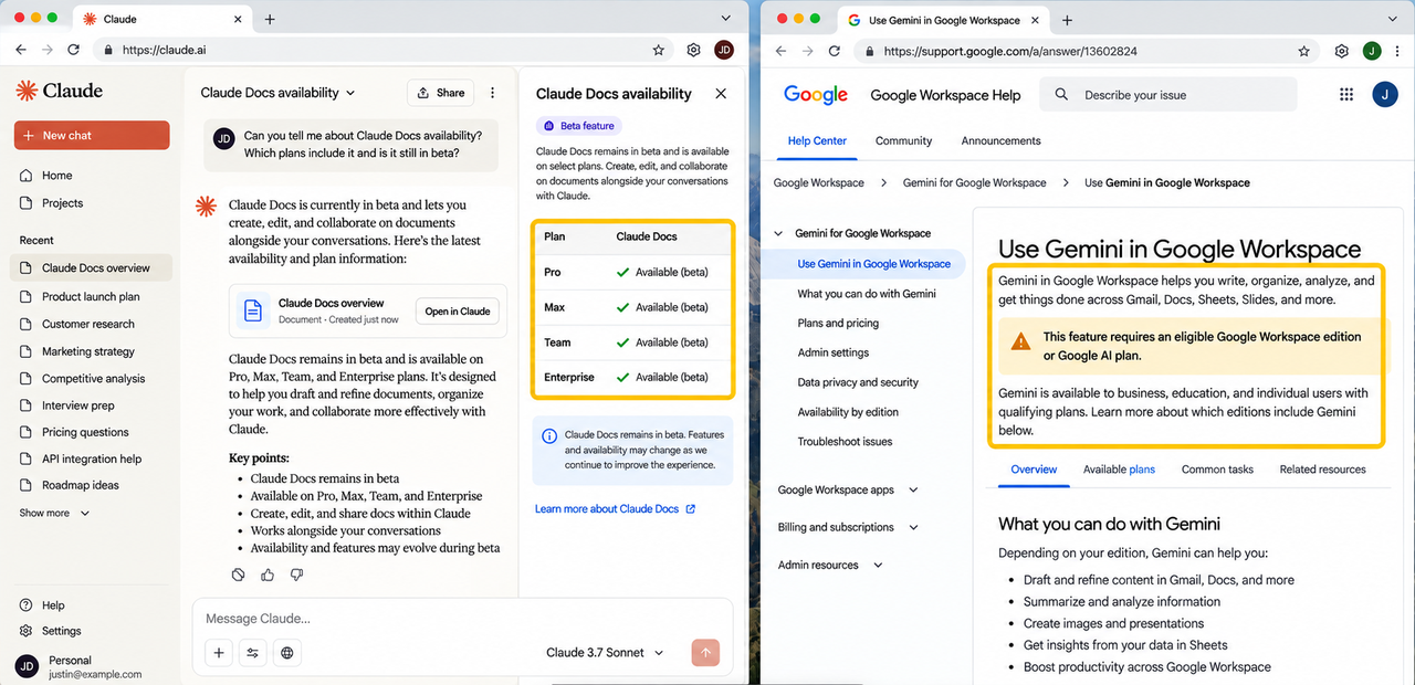 Review the pricing and plan availability of claude docs vs google docs to determine the right AI workspace for you.