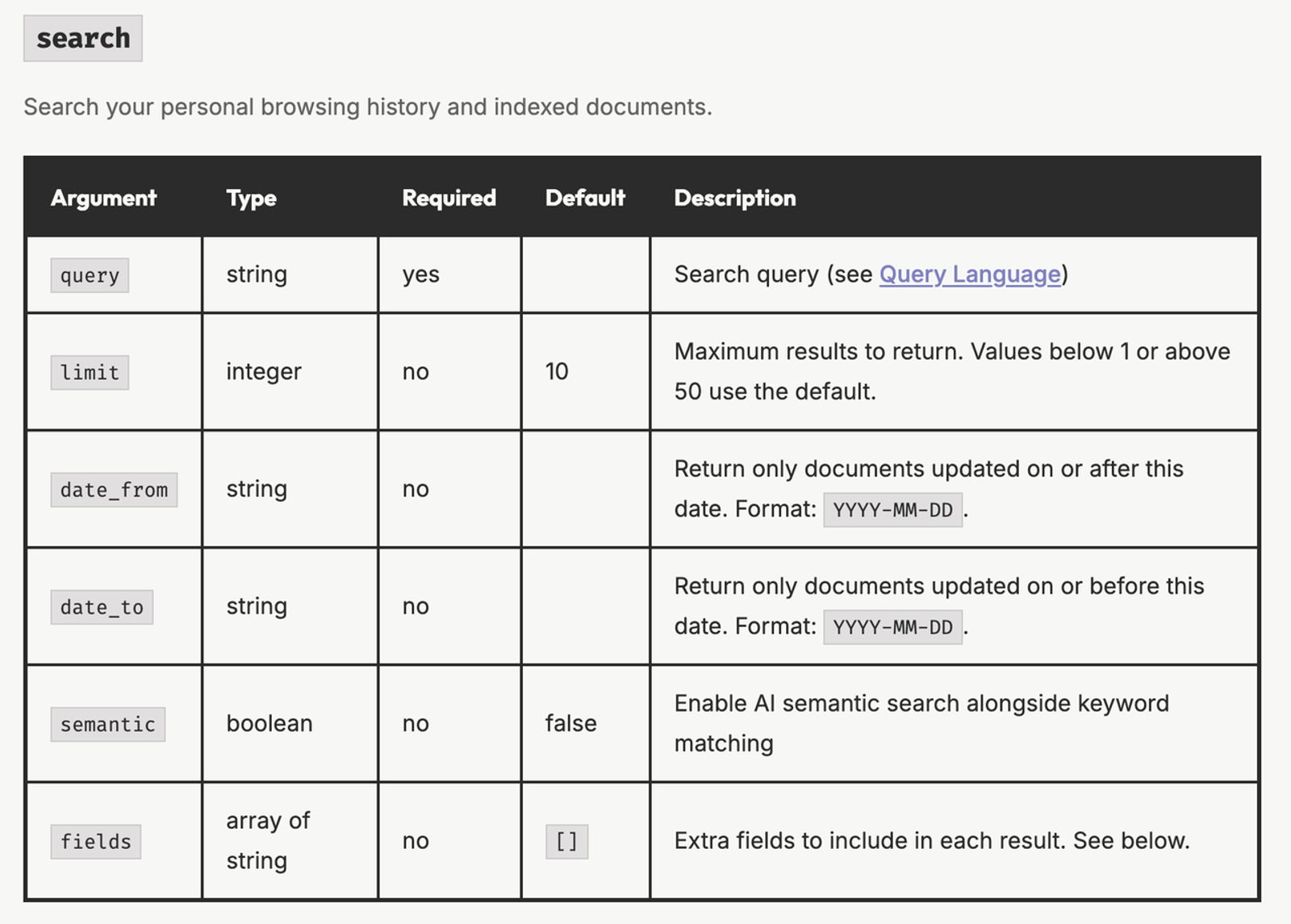 Review the search query arguments like date limits and semantic flags to aid your hister mcp troubleshooting process.