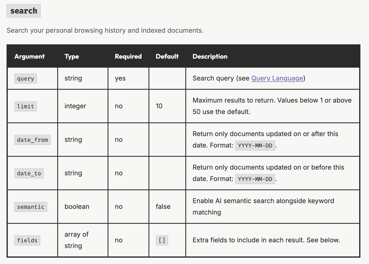 Review the search query arguments like date limits and semantic flags to aid your hister mcp troubleshooting process.
