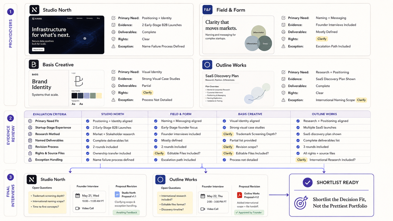 Detailed provider evaluation matrix to compare and select the best branding companies for startups.