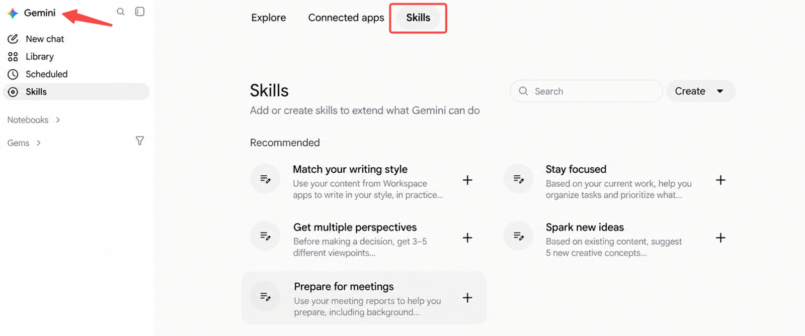 Explore the skills navigation tab using gemini skills marketing to extend AI capability and productivity.