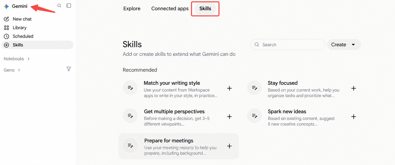 Explore the skills navigation tab using gemini skills marketing to extend AI capability and productivity.