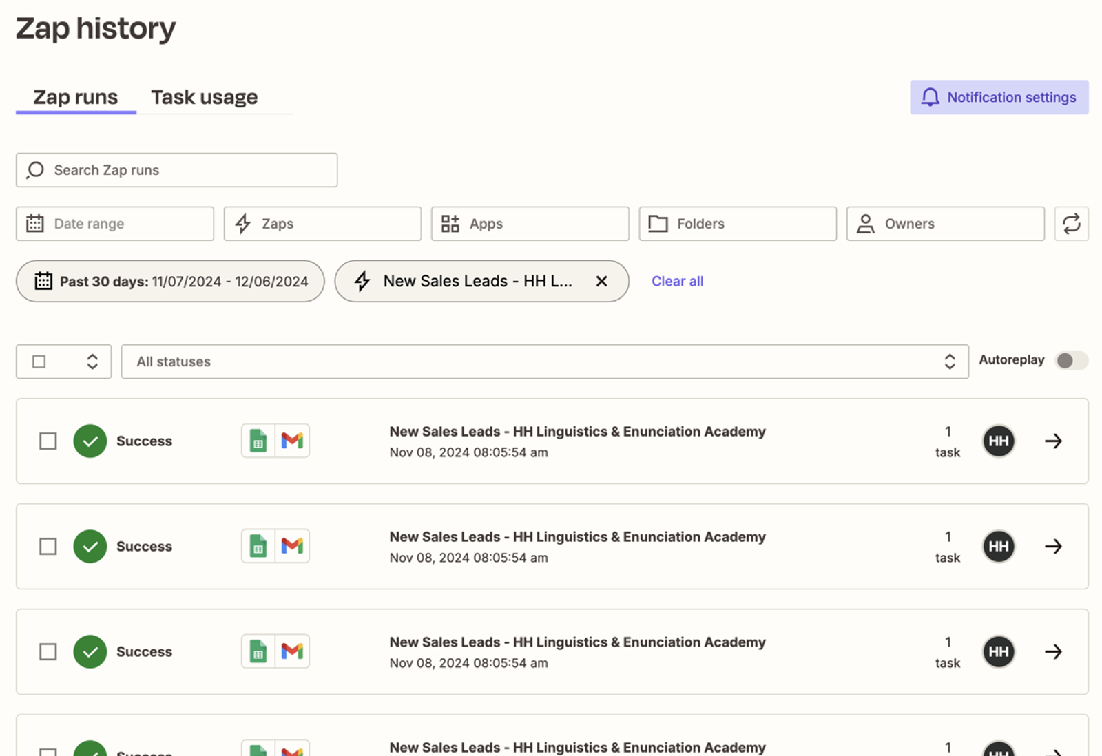 Dashboard view showing successful workflow automation logs for new sales lead processing from sheets to email.