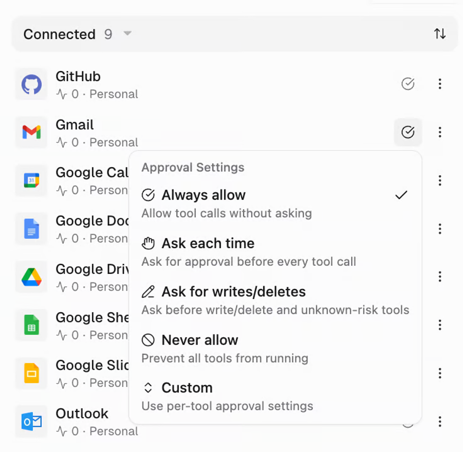 Tool approval permission settings panel for advanced Relevance AI alternatives.