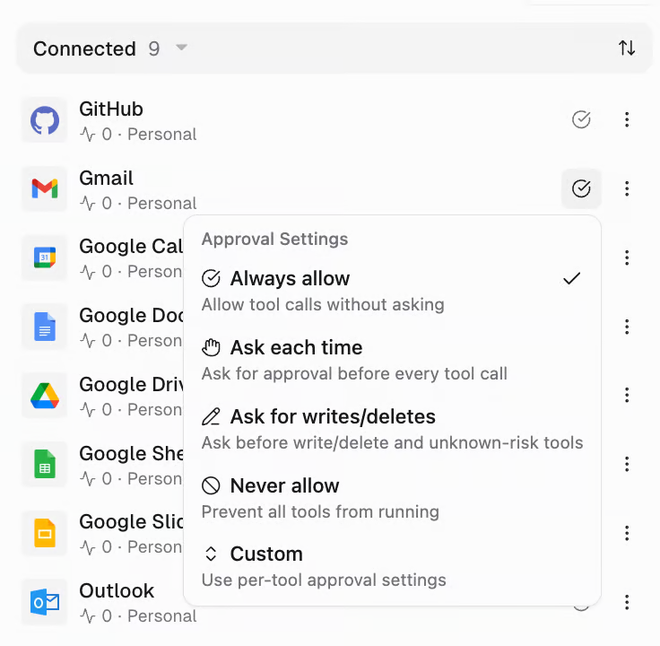 Tool approval permission settings panel for advanced Relevance AI alternatives.